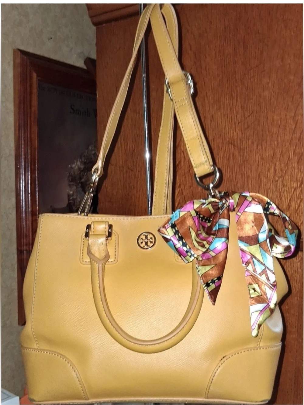 Tory Burch Yellow Leather Shoulder Tote with Patterned Scarf Accent